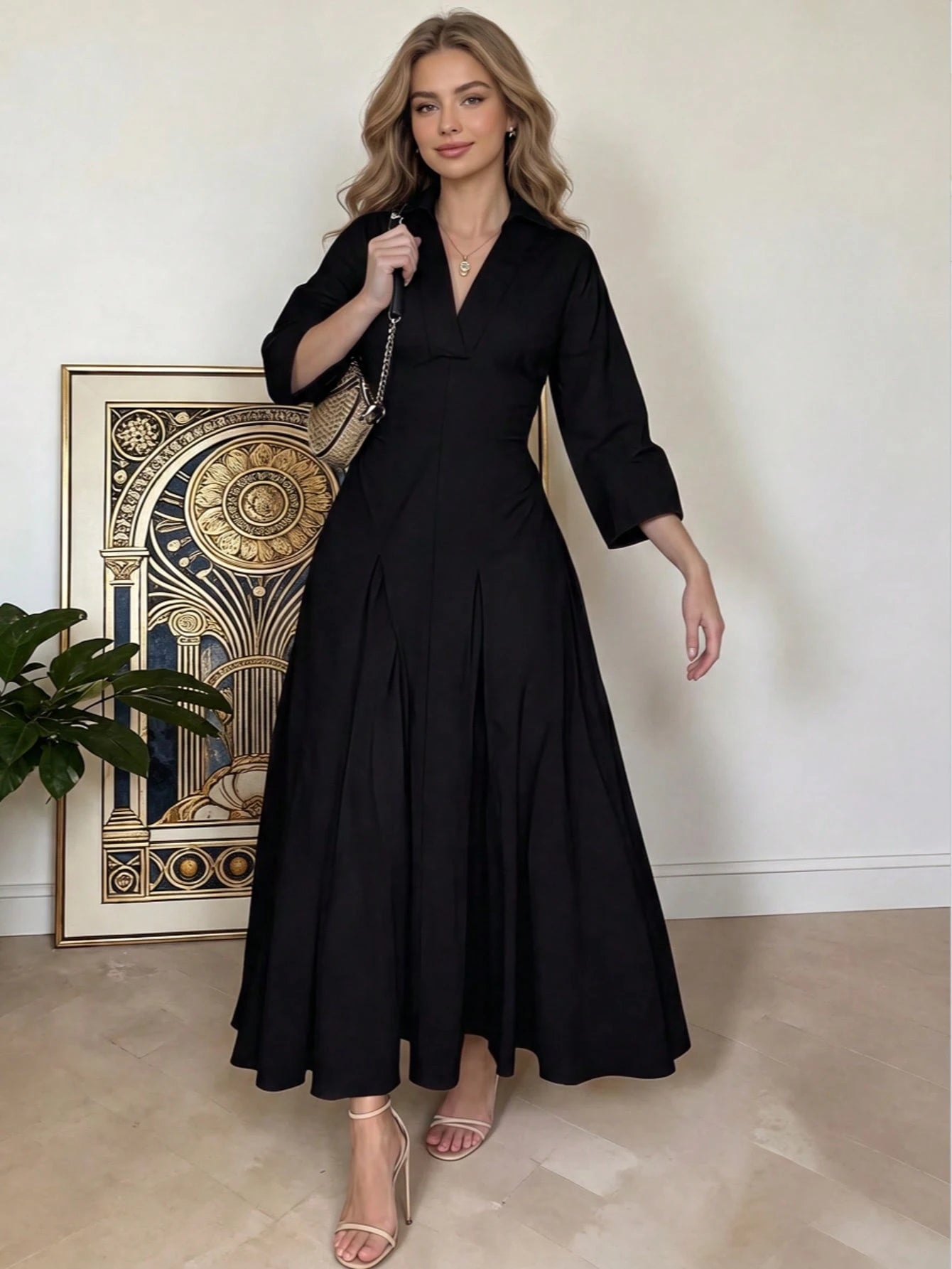 Spring/Summer Women's Elegant V-Neck Long Dress- Long Sleeve Flare Hem Fashion Dress, Lapel Design, Suitable For Business Casual Occasions, Teacher Outfit, For Her