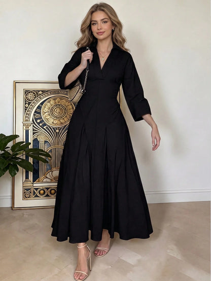 Spring/Summer Women's Elegant V-Neck Long Dress- Long Sleeve Flare Hem Fashion Dress, Lapel Design, Suitable For Business Casual Occasions, Teacher Outfit, For Her