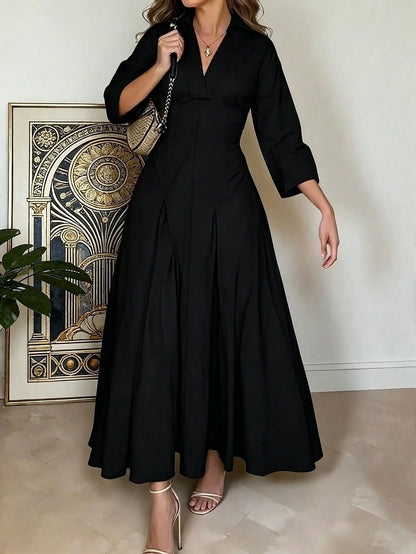 Spring/Summer Women's Elegant V-Neck Long Dress- Long Sleeve Flare Hem Fashion Dress, Lapel Design, Suitable For Business Casual Occasions, Teacher Outfit, For Her