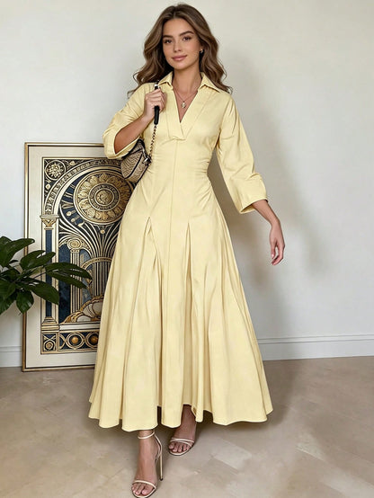 Spring/Summer Women's Elegant V-Neck Long Dress- Long Sleeve Flare Hem Fashion Dress, Lapel Design, Suitable For Business Casual Occasions, Teacher Outfit, For Her