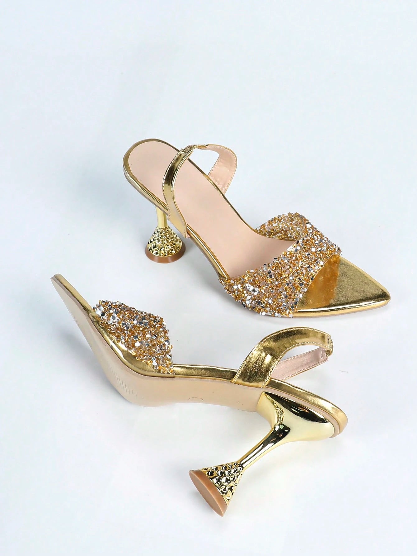 Spring/Summer Women's Fashionable Elegant Gold Sparkling Rhinestone Decor Pointed Toe Ankle Strap High Heel Sandals, Charming Glamorous Shiny Party Wedding Formal Outdoor Event Heels