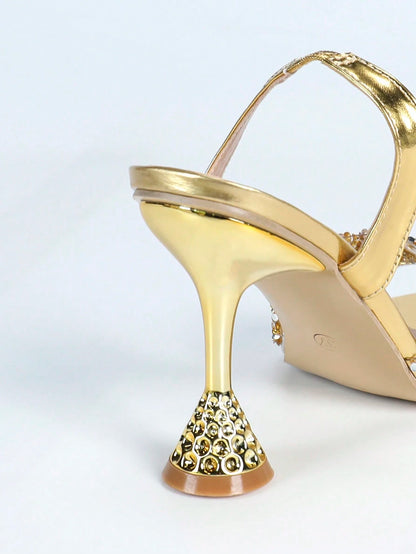 Spring/Summer Women's Fashionable Elegant Gold Sparkling Rhinestone Decor Pointed Toe Ankle Strap High Heel Sandals, Charming Glamorous Shiny Party Wedding Formal Outdoor Event Heels