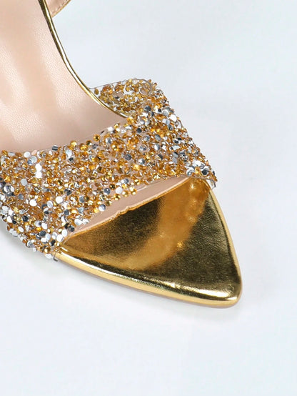 Spring/Summer Women's Fashionable Elegant Gold Sparkling Rhinestone Decor Pointed Toe Ankle Strap High Heel Sandals, Charming Glamorous Shiny Party Wedding Formal Outdoor Event Heels
