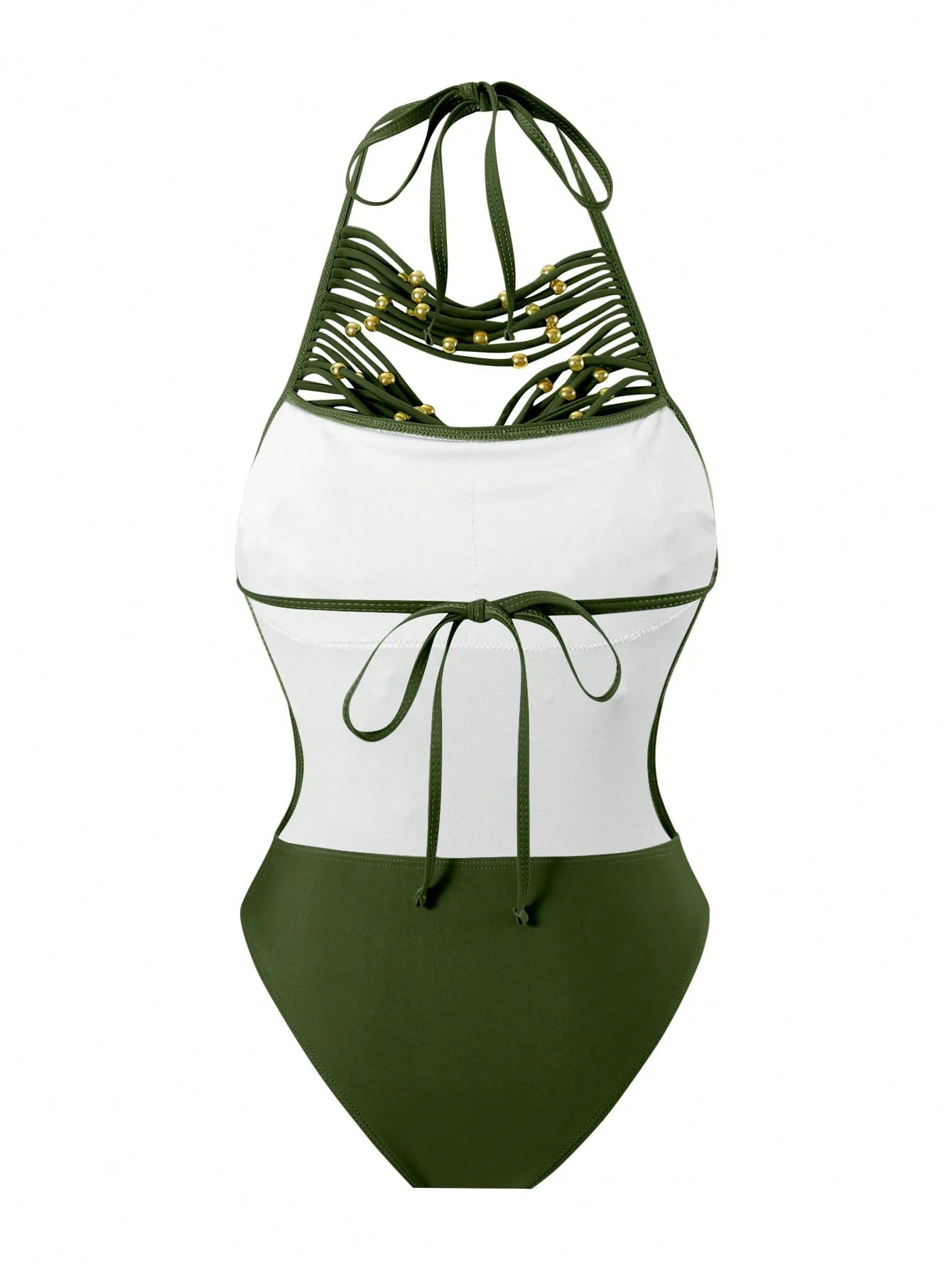 Springbreak Round Neck Halter Solid Color 2 In 1 Hollow Metal Beads Decor Tassel Women One-Piece Swimsuit, Festival Boho For Summer Beach Vacation