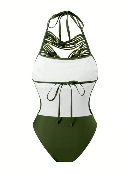 Springbreak Round Neck Halter Solid Color 2 In 1 Hollow Metal Beads Decor Tassel Women One-Piece Swimsuit, Festival Boho For Summer Beach Vacation