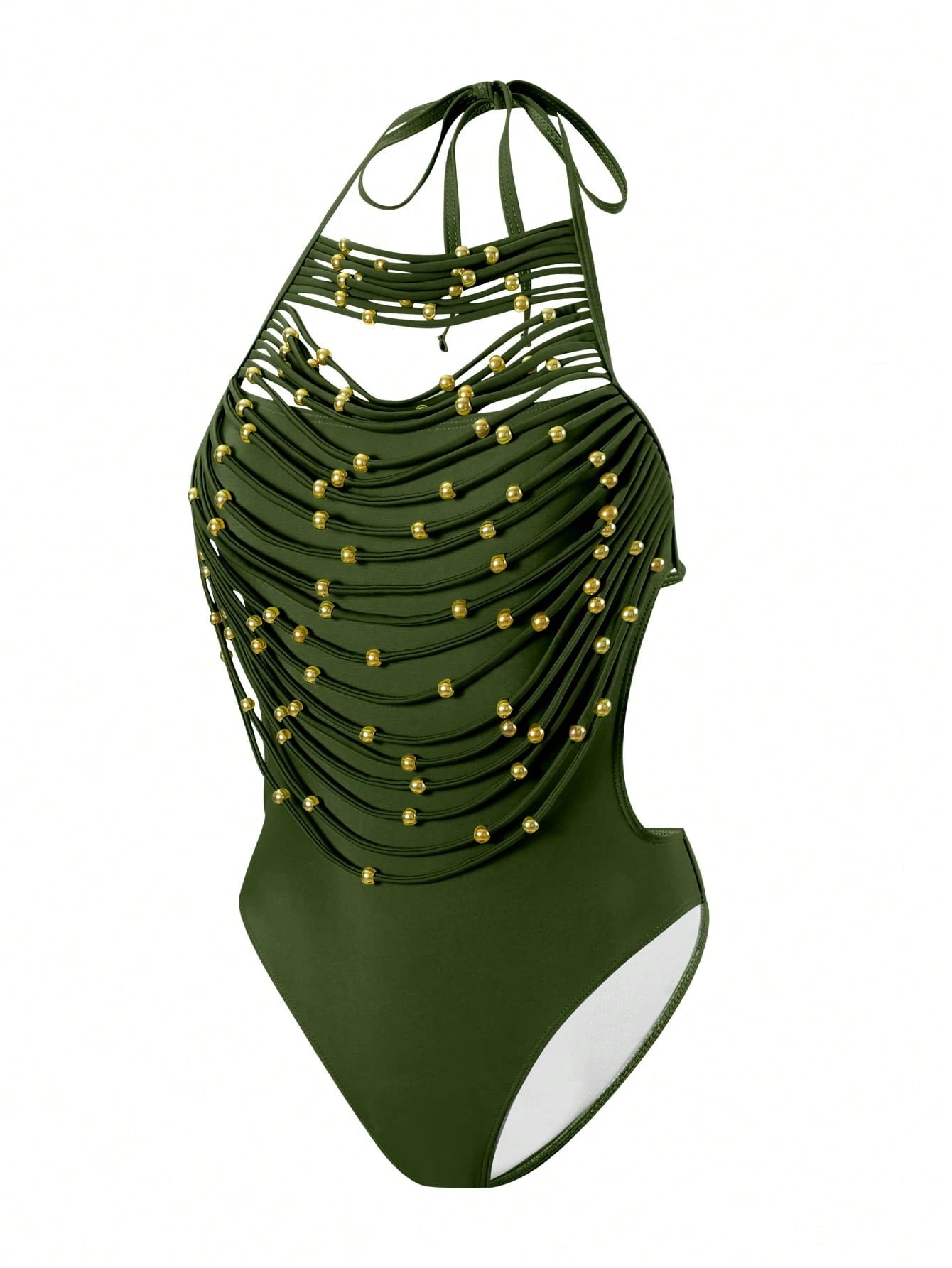 Springbreak Round Neck Halter Solid Color 2 In 1 Hollow Metal Beads Decor Tassel Women One-Piece Swimsuit, Festival Boho For Summer Beach Vacation