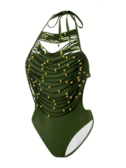 Springbreak Round Neck Halter Solid Color 2 In 1 Hollow Metal Beads Decor Tassel Women One-Piece Swimsuit, Festival Boho For Summer Beach Vacation