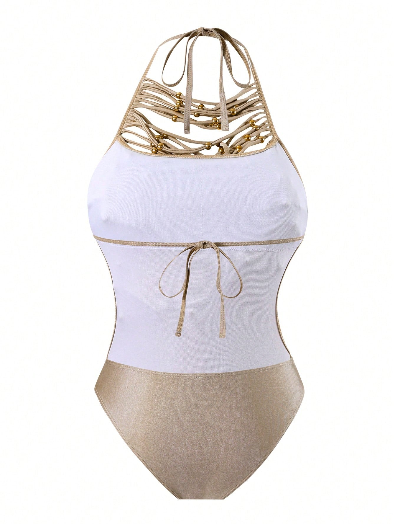 Springbreak Round Neck Halter Solid Color 2 In 1 Hollow Metal Beads Decor Tassel Women One-Piece Swimsuit, Festival Boho For Summer Beach Vacation