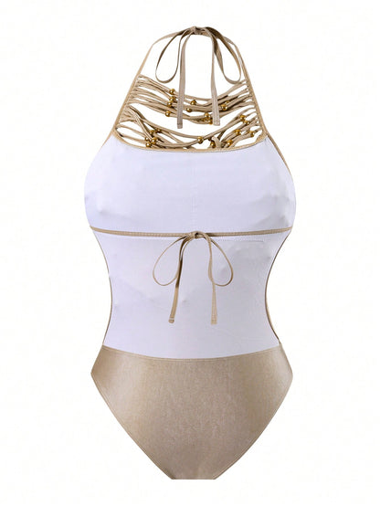 Springbreak Round Neck Halter Solid Color 2 In 1 Hollow Metal Beads Decor Tassel Women One-Piece Swimsuit, Festival Boho For Summer Beach Vacation