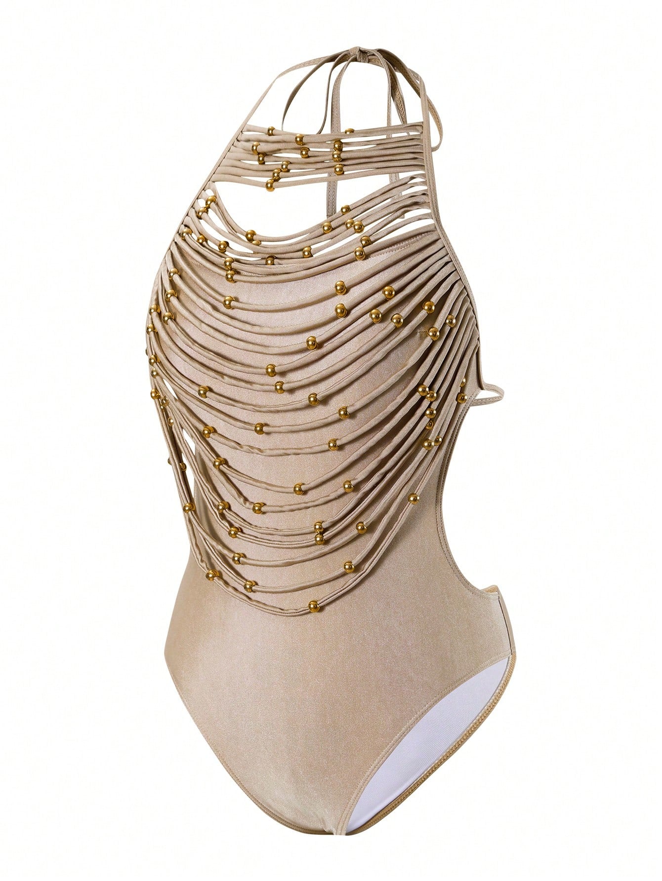 Springbreak Round Neck Halter Solid Color 2 In 1 Hollow Metal Beads Decor Tassel Women One-Piece Swimsuit, Festival Boho For Summer Beach Vacation