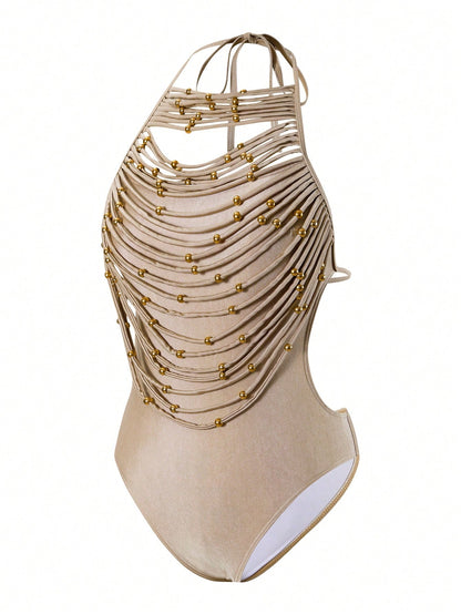 Springbreak Round Neck Halter Solid Color 2 In 1 Hollow Metal Beads Decor Tassel Women One-Piece Swimsuit, Festival Boho For Summer Beach Vacation