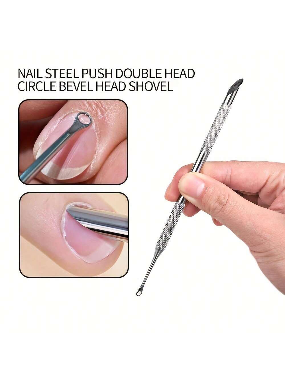 Stainless Steel Cuticle Pusher, Double-Ended Angled Crescent Shape Cuticle Nipper, Callus Remover And Nail Prep Tool With Nail Buffer, For Cuticle Care And Polishing, Essential For Nail Salons And Ped