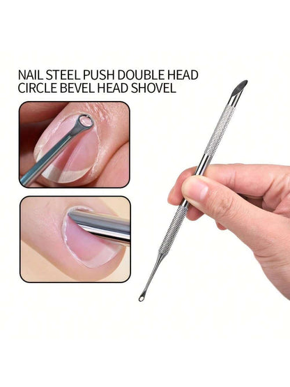 Stainless Steel Cuticle Pusher, Double-Ended Angled Crescent Shape Cuticle Nipper, Callus Remover And Nail Prep Tool With Nail Buffer, For Cuticle Care And Polishing, Essential For Nail Salons And Ped