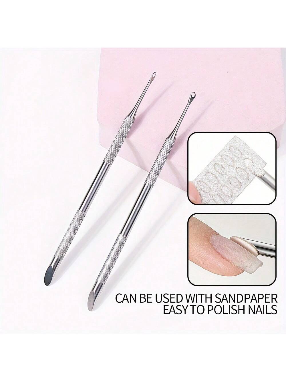 Stainless Steel Cuticle Pusher, Double-Ended Angled Crescent Shape Cuticle Nipper, Callus Remover And Nail Prep Tool With Nail Buffer, For Cuticle Care And Polishing, Essential For Nail Salons And Ped