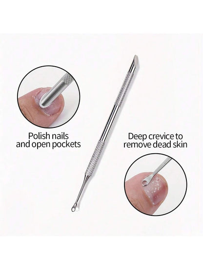 Stainless Steel Cuticle Pusher, Double-Ended Angled Crescent Shape Cuticle Nipper, Callus Remover And Nail Prep Tool With Nail Buffer, For Cuticle Care And Polishing, Essential For Nail Salons And Ped