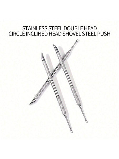 Stainless Steel Cuticle Pusher, Double-Ended Angled Crescent Shape Cuticle Nipper, Callus Remover And Nail Prep Tool With Nail Buffer, For Cuticle Care And Polishing, Essential For Nail Salons And Ped
