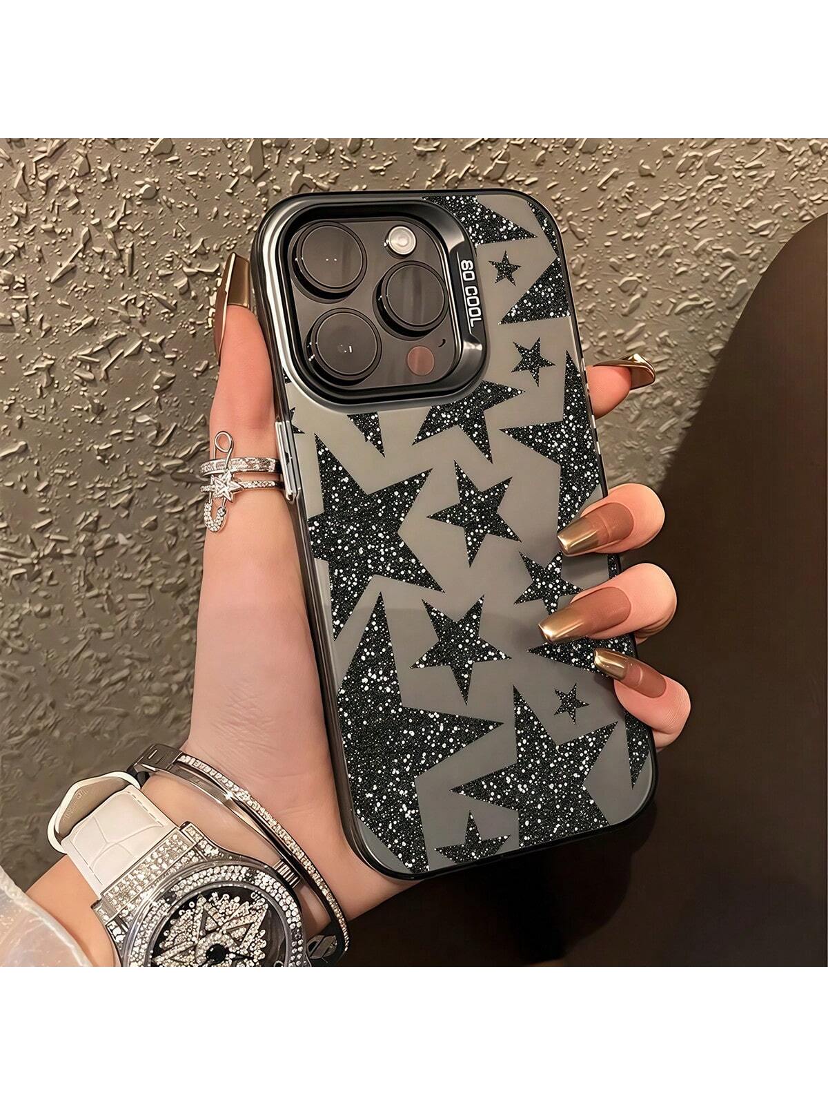 Star Element Black Fashion IMD Phone Premium Case Black Glitter Star Fashion IMD 1pc Sparkly Star Graphic IMD Phone Case, Personalized Cover Compatible With IPhone 16 Pro Max, 15/14 Plus, 13, 12, 11 W