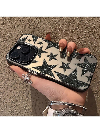 Star Element Black Fashion IMD Phone Premium Case Black Glitter Star Fashion IMD 1pc Sparkly Star Graphic IMD Phone Case, Personalized Cover Compatible With IPhone 16 Pro Max, 15/14 Plus, 13, 12, 11 W