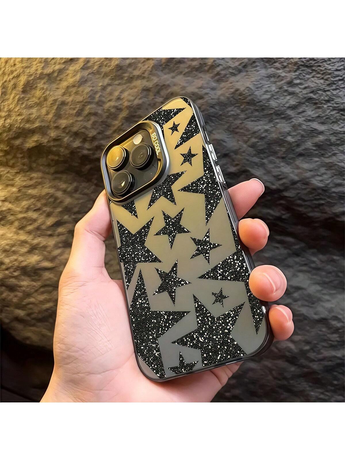 Star Element Black Fashion IMD Phone Premium Case Black Glitter Star Fashion IMD 1pc Sparkly Star Graphic IMD Phone Case, Personalized Cover Compatible With IPhone 16 Pro Max, 15/14 Plus, 13, 12, 11 W