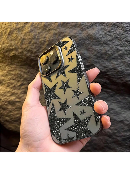 Star Element Black Fashion IMD Phone Premium Case Black Glitter Star Fashion IMD 1pc Sparkly Star Graphic IMD Phone Case, Personalized Cover Compatible With IPhone 16 Pro Max, 15/14 Plus, 13, 12, 11 W