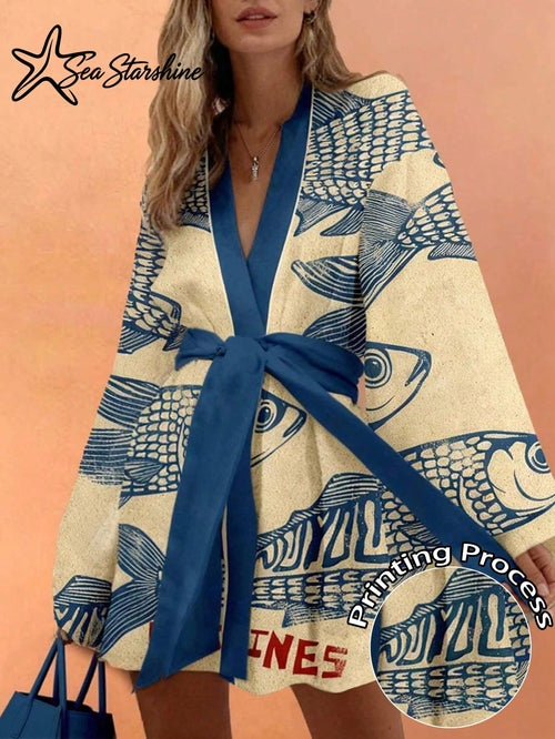 Starfish Shiny Casual Vacation Beach Bohemian Style Tropical Fish & Letter Print Long Sleeve Knit Dress For Women, Autumn/Winter Elegant