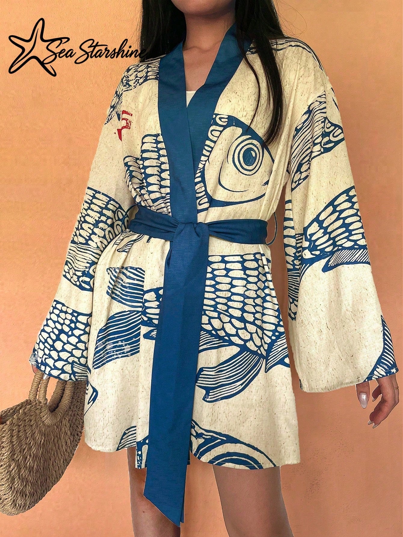 Starfish Shiny Casual Vacation Beach Bohemian Style Tropical Fish & Letter Print Long Sleeve Knit Dress For Women, Autumn/Winter Elegant