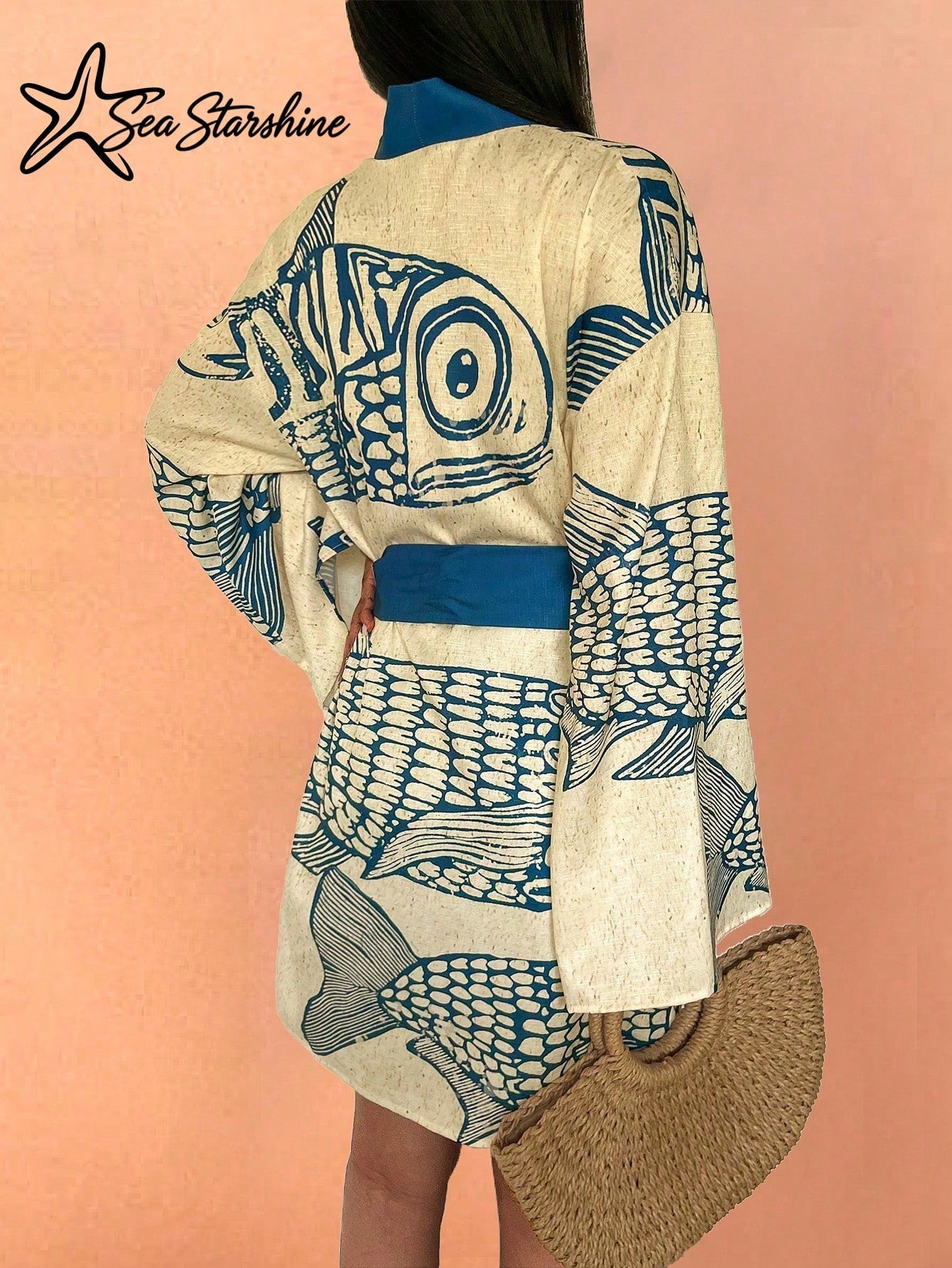 Starfish Shiny Casual Vacation Beach Bohemian Style Tropical Fish & Letter Print Long Sleeve Knit Dress For Women, Autumn/Winter Elegant
