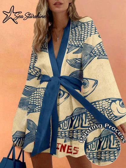 Starfish Shiny Casual Vacation Beach Bohemian Style Tropical Fish & Letter Print Long Sleeve Knit Dress For Women, Autumn/Winter Elegant