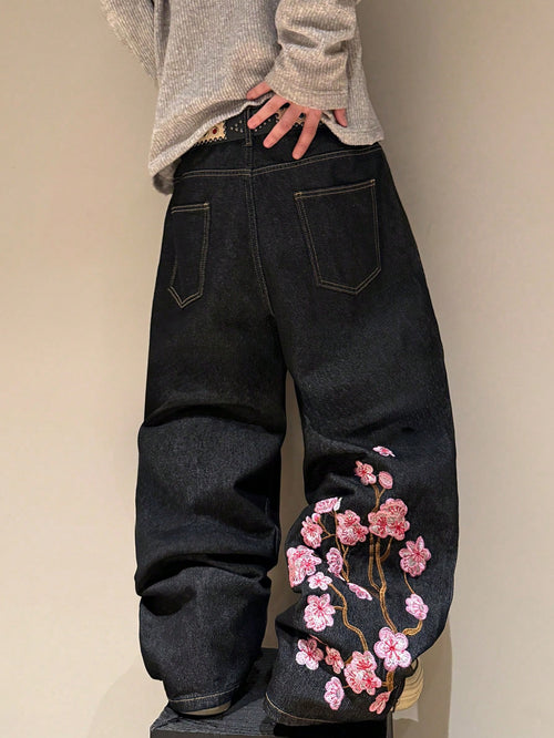 STEELVANCE Black Summer Flower Power Basic Date Night Retro Street Style Embroidered Design Loose Straight Wide Leg Casual Plus Size Denim Long Pants
