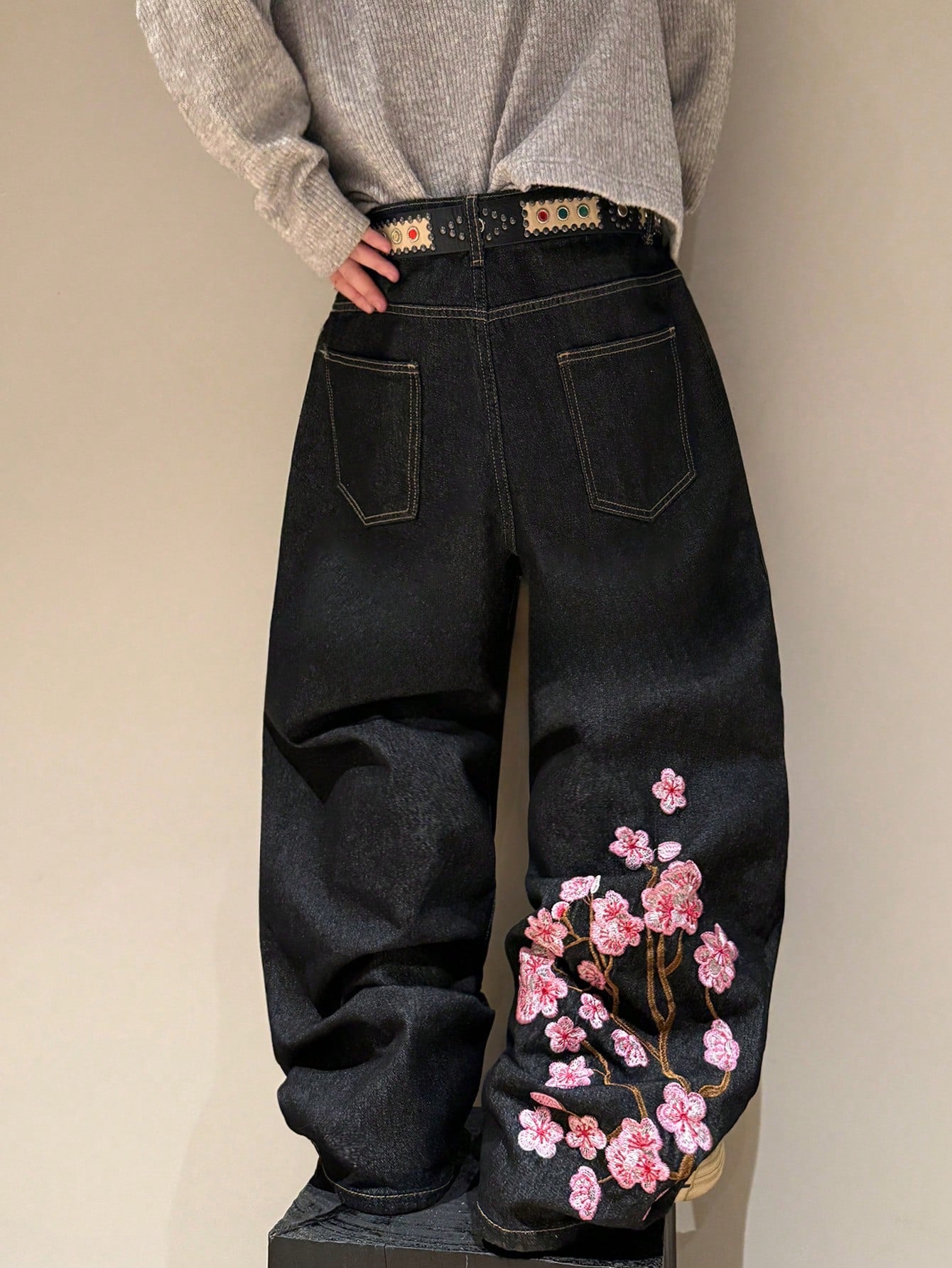 STEELVANCE Black Summer Flower Power Basic Date Night Retro Street Style Embroidered Design Loose Straight Wide Leg Casual Plus Size Denim Long Pants