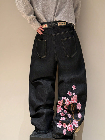 STEELVANCE Black Summer Flower Power Basic Date Night Retro Street Style Embroidered Design Loose Straight Wide Leg Casual Plus Size Denim Long Pants