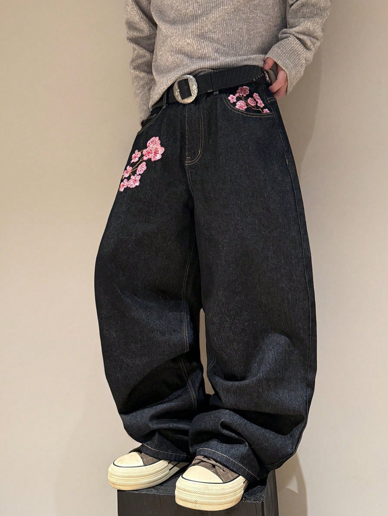 STEELVANCE Black Summer Flower Power Basic Date Night Retro Street Style Embroidered Design Loose Straight Wide Leg Casual Plus Size Denim Long Pants