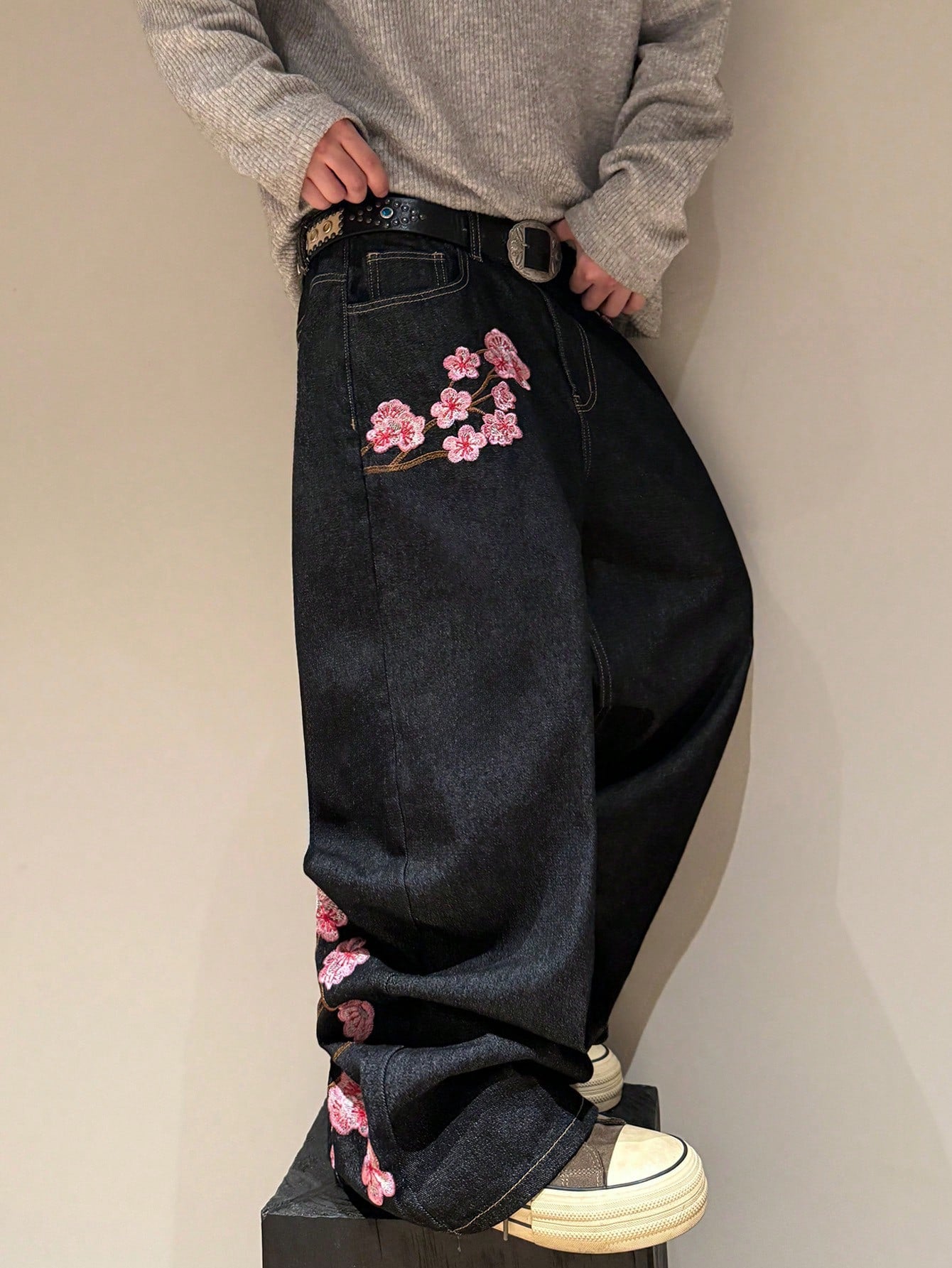 STEELVANCE Black Summer Flower Power Basic Date Night Retro Street Style Embroidered Design Loose Straight Wide Leg Casual Plus Size Denim Long Pants