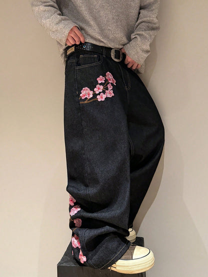 STEELVANCE Black Summer Flower Power Basic Date Night Retro Street Style Embroidered Design Loose Straight Wide Leg Casual Plus Size Denim Long Pants