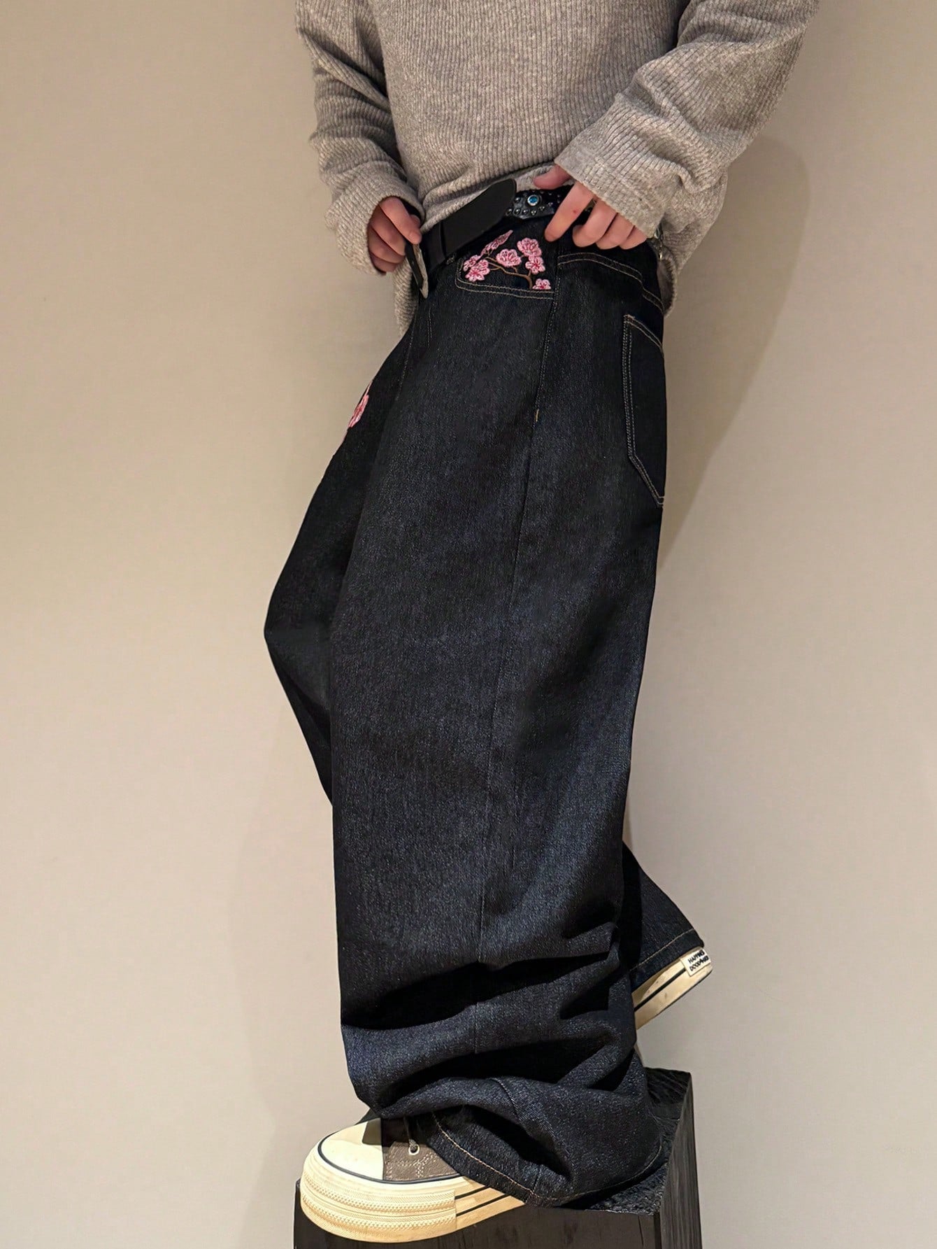 STEELVANCE Black Summer Flower Power Basic Date Night Retro Street Style Embroidered Design Loose Straight Wide Leg Casual Plus Size Denim Long Pants