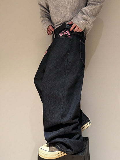 STEELVANCE Black Summer Flower Power Basic Date Night Retro Street Style Embroidered Design Loose Straight Wide Leg Casual Plus Size Denim Long Pants
