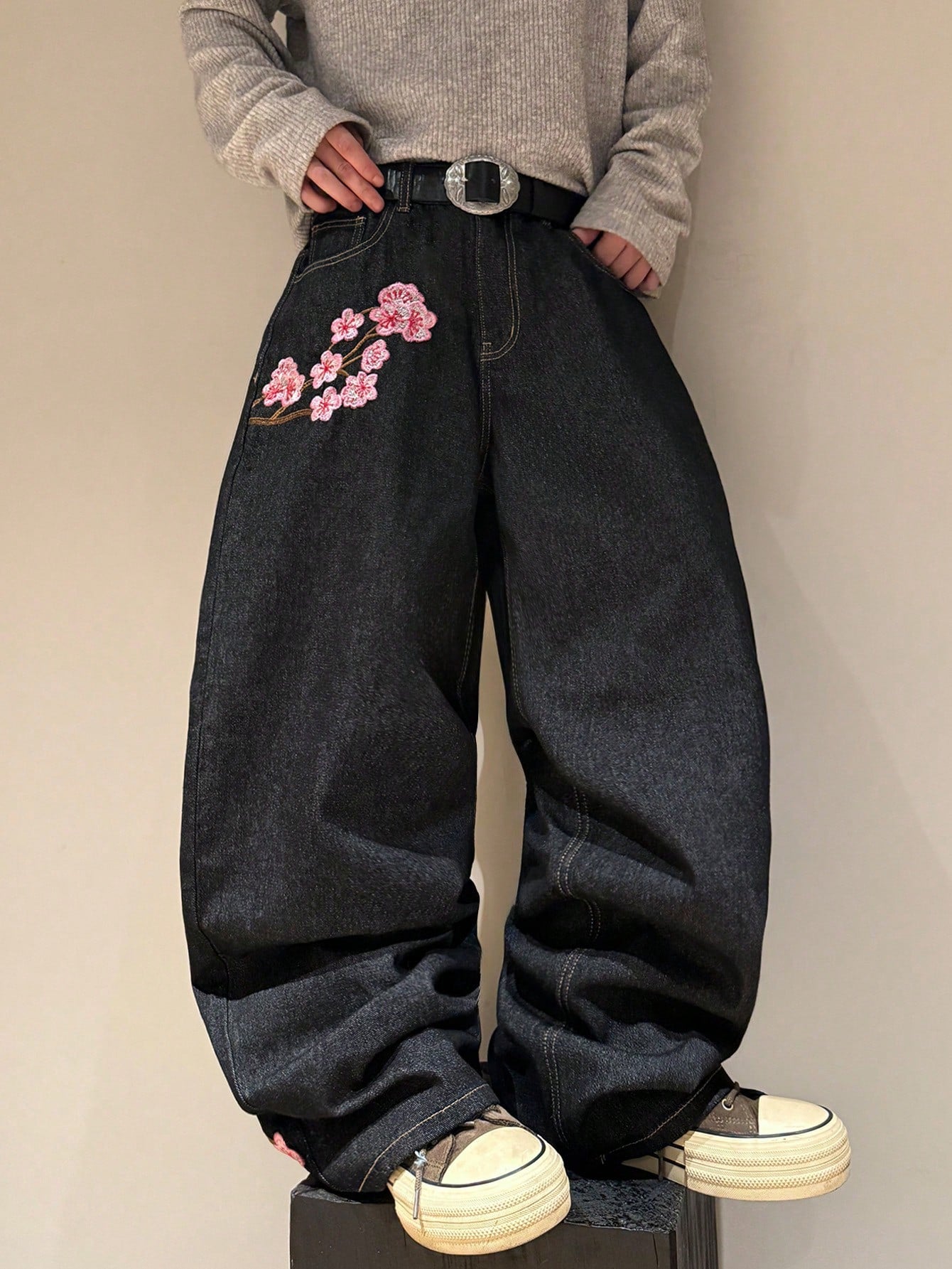 STEELVANCE Black Summer Flower Power Basic Date Night Retro Street Style Embroidered Design Loose Straight Wide Leg Casual Plus Size Denim Long Pants