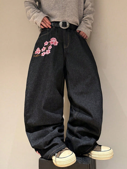 STEELVANCE Black Summer Flower Power Basic Date Night Retro Street Style Embroidered Design Loose Straight Wide Leg Casual Plus Size Denim Long Pants