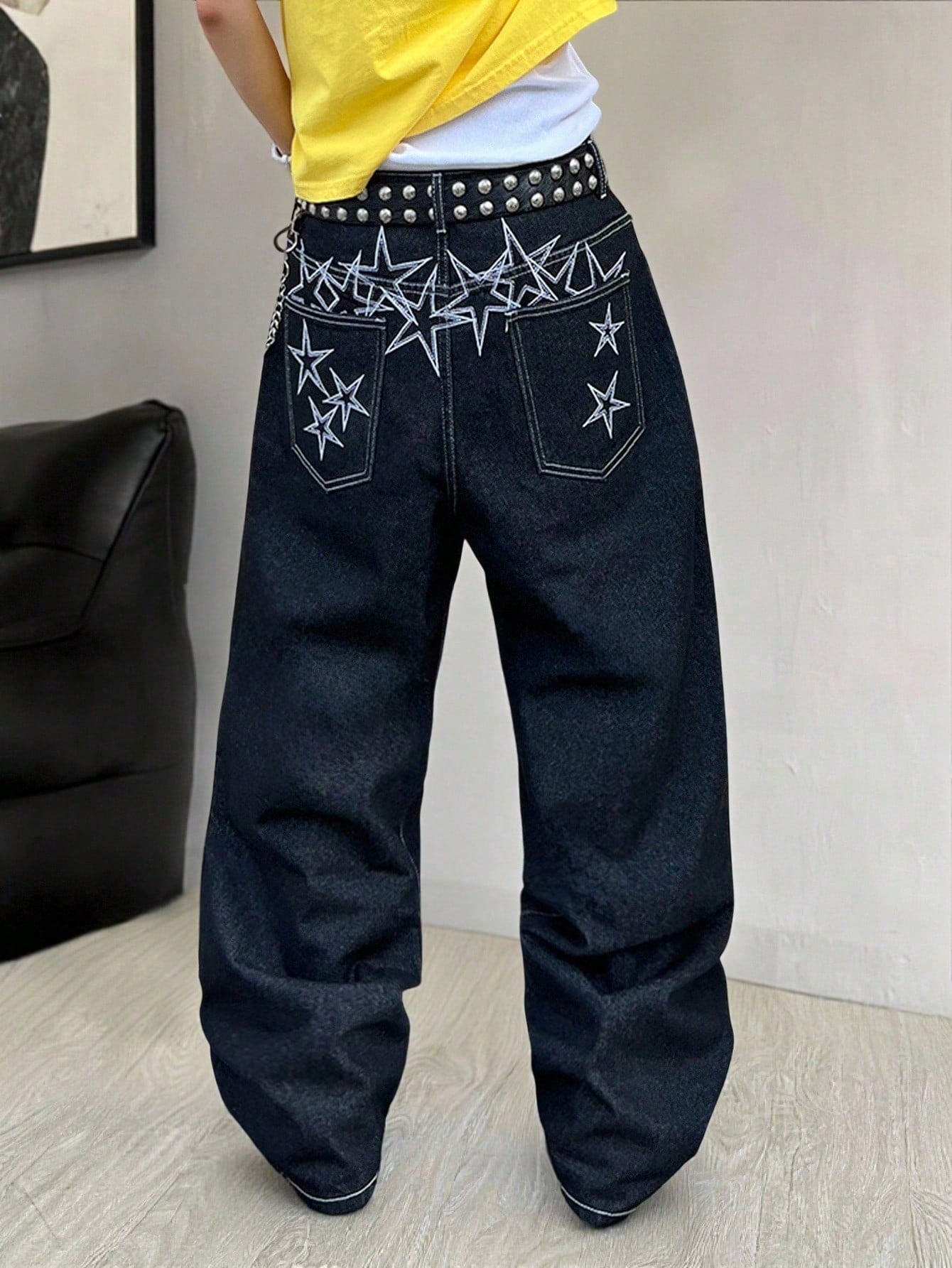STEELVANCE Black Summer Flower Power Basic Date Night Retro Street Style Embroidered Design Loose Straight Wide Leg Casual Plus Size Denim Long Pants