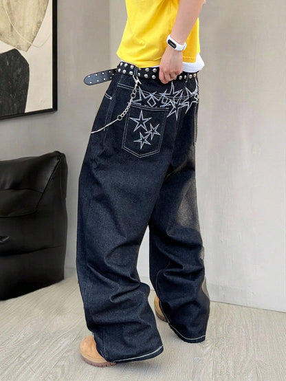 STEELVANCE Black Summer Flower Power Basic Date Night Retro Street Style Embroidered Design Loose Straight Wide Leg Casual Plus Size Denim Long Pants
