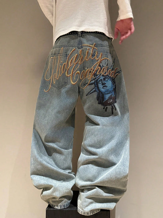 STEELVANCE Independence Day Summer Streetwear Grey Leopard Print Beach Statue Of Liberty Letter Print Distressed Washed Loose Straight Wide Leg Casual Jeans
