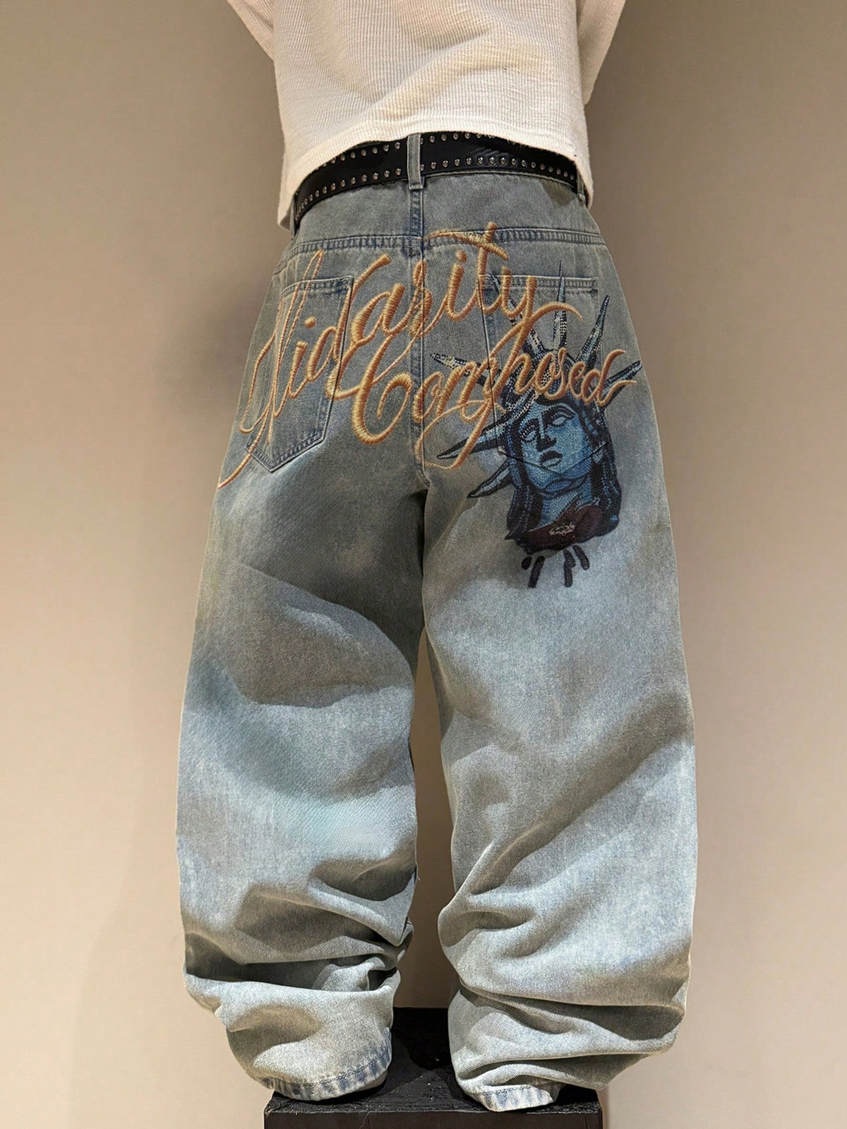 STEELVANCE Independence Day Summer Streetwear Grey Leopard Print Beach Statue Of Liberty Letter Print Distressed Washed Loose Straight Wide Leg Casual Jeans