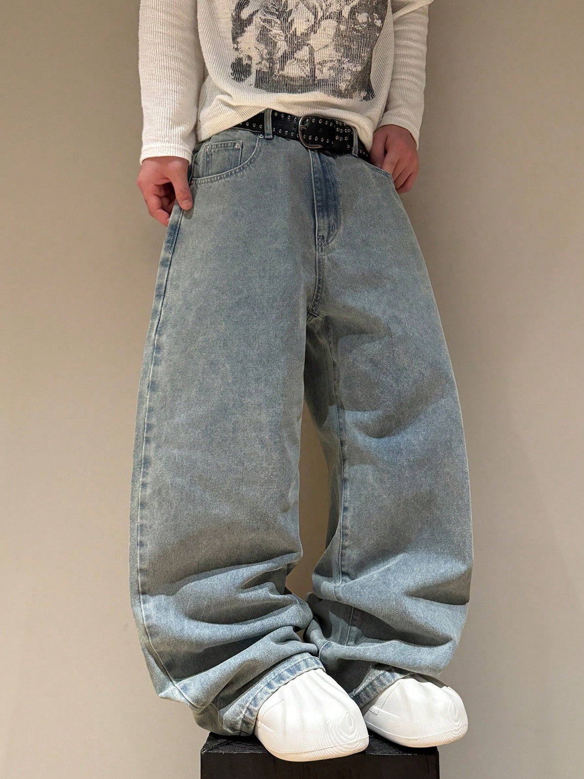 STEELVANCE Independence Day Summer Streetwear Grey Leopard Print Beach Statue Of Liberty Letter Print Distressed Washed Loose Straight Wide Leg Casual Jeans