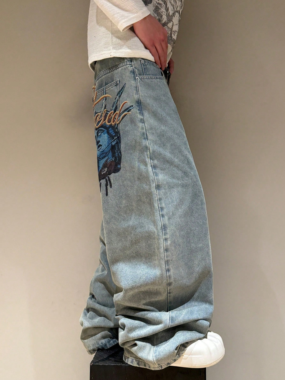 STEELVANCE Independence Day Summer Streetwear Grey Leopard Print Beach Statue Of Liberty Letter Print Distressed Washed Loose Straight Wide Leg Casual Jeans