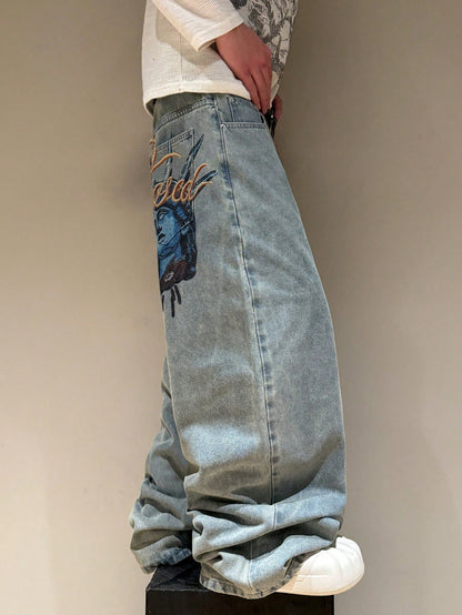 STEELVANCE Independence Day Summer Streetwear Grey Leopard Print Beach Statue Of Liberty Letter Print Distressed Washed Loose Straight Wide Leg Casual Jeans
