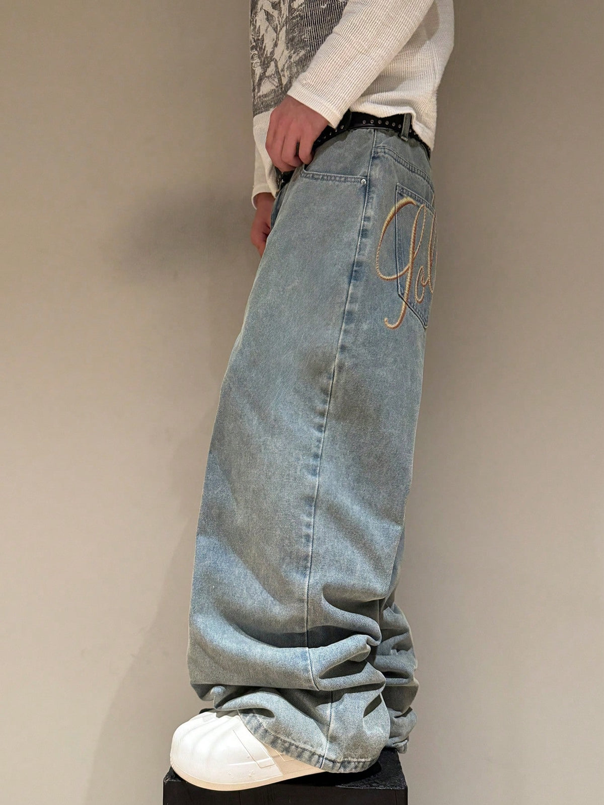 STEELVANCE Independence Day Summer Streetwear Grey Leopard Print Beach Statue Of Liberty Letter Print Distressed Washed Loose Straight Wide Leg Casual Jeans