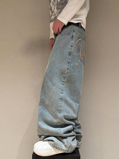 STEELVANCE Independence Day Summer Streetwear Grey Leopard Print Beach Statue Of Liberty Letter Print Distressed Washed Loose Straight Wide Leg Casual Jeans