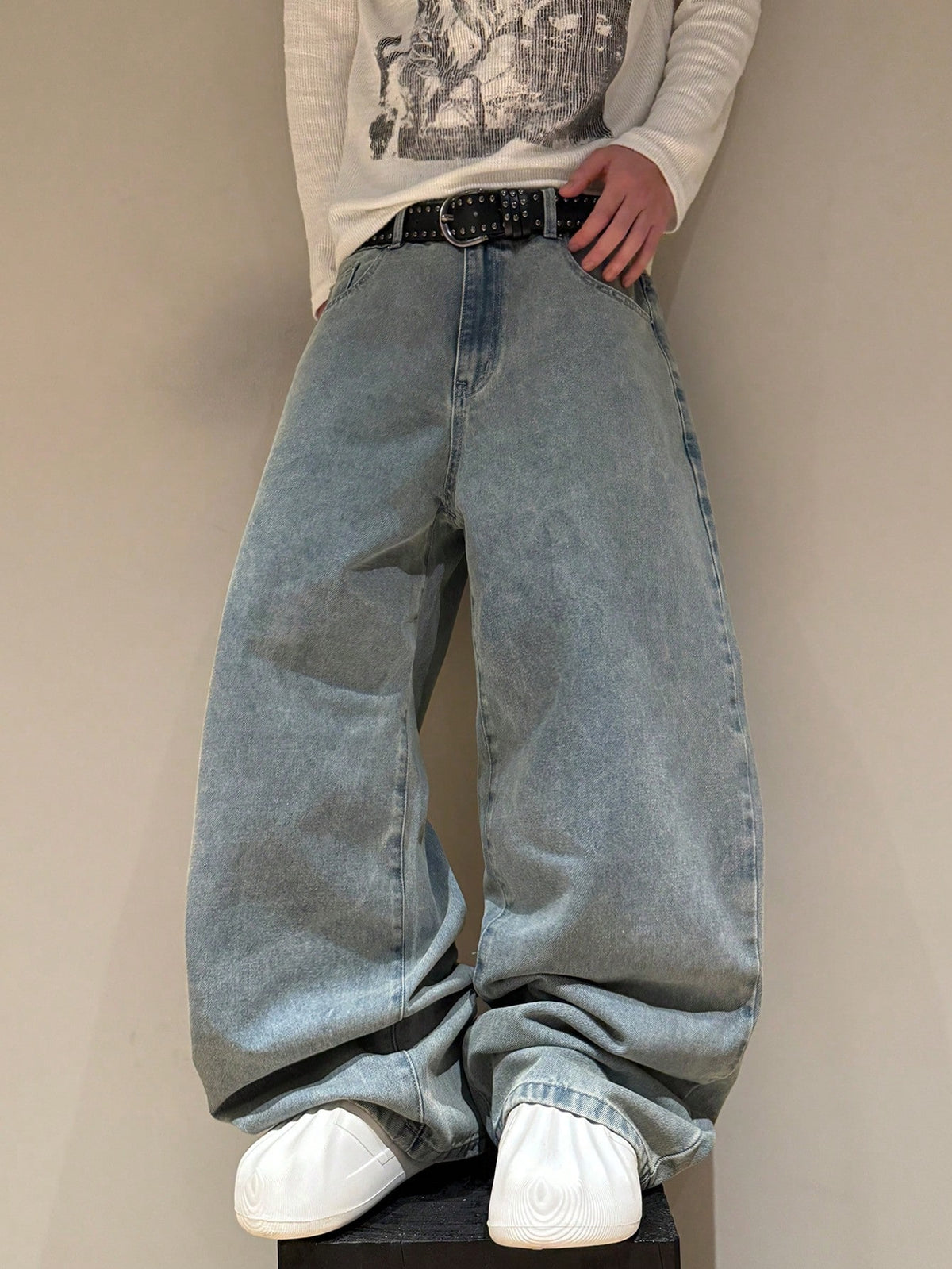 STEELVANCE Independence Day Summer Streetwear Grey Leopard Print Beach Statue Of Liberty Letter Print Distressed Washed Loose Straight Wide Leg Casual Jeans