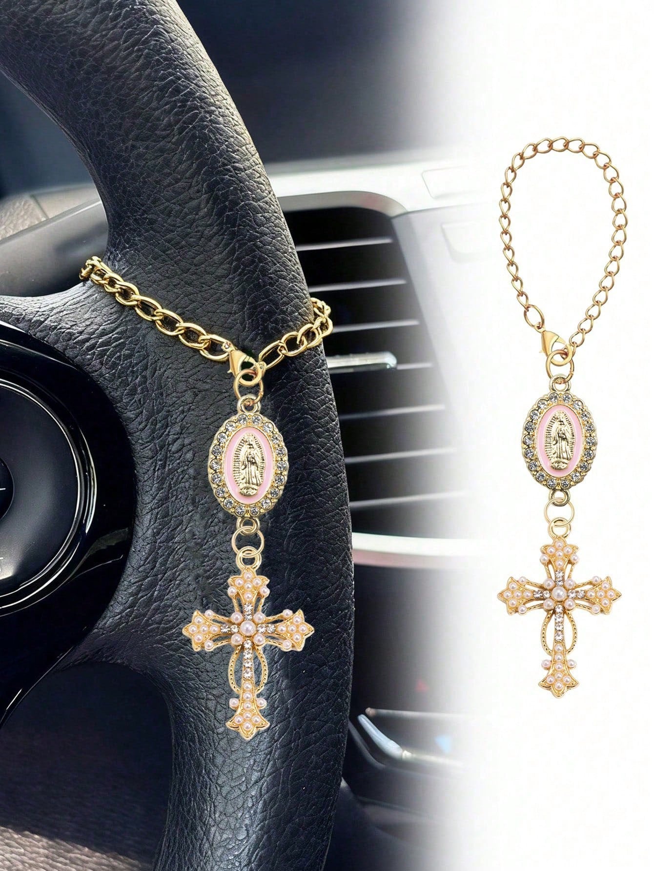 Steering Wheel Rosary Pendant, Pink Virgin Mary Cross Steering Wheel Ornament, Catholic Rosary Pendant, Car Decor, Cross Keychain, Adjustable Chain