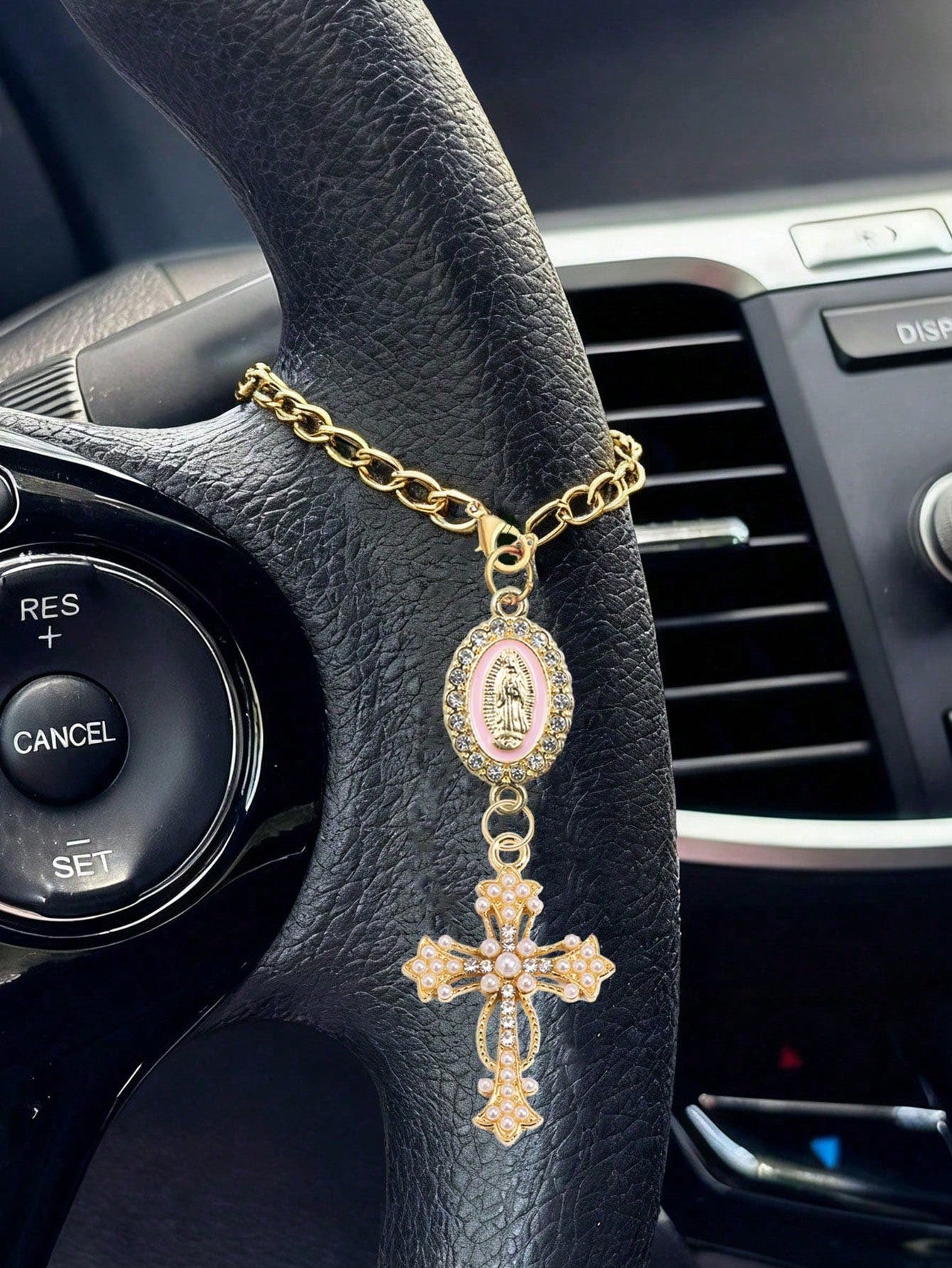 Steering Wheel Rosary Pendant, Pink Virgin Mary Cross Steering Wheel Ornament, Catholic Rosary Pendant, Car Decor, Cross Keychain, Adjustable Chain